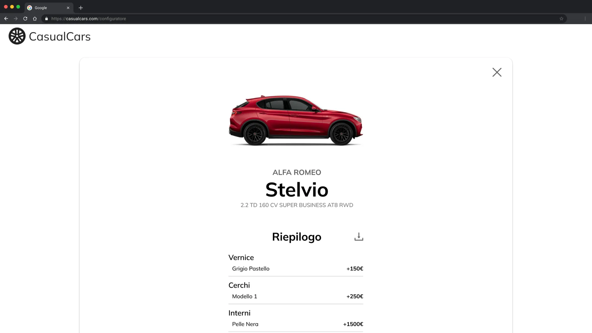 Car configurator interface showing feature customisation